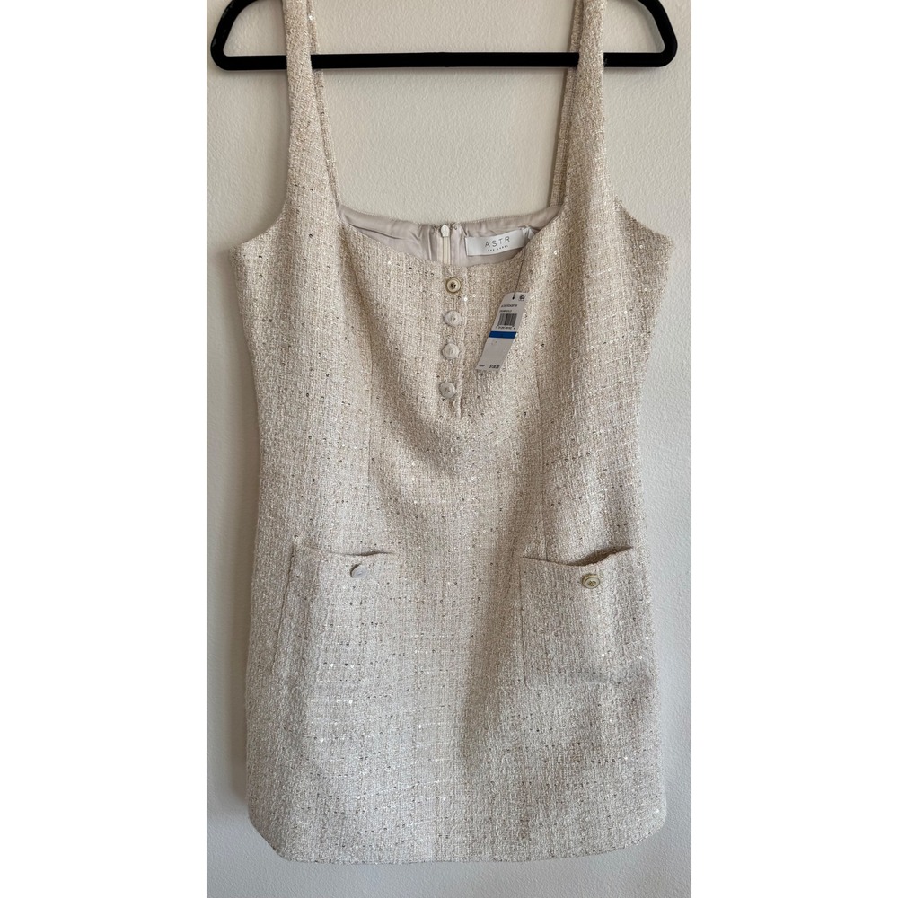 ASTR The Label Deanna Dress Mini Square Neck Tweed Sequin Cream Gold Size XL